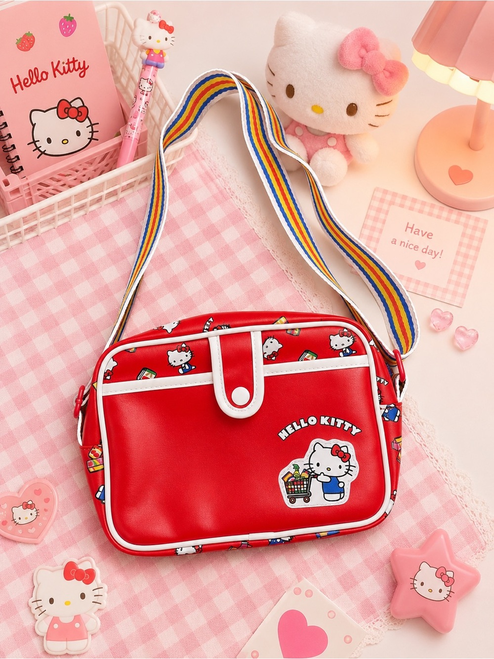 Hello Kitty Red Crossbody Bag Rainbow Strap Sanrio NWT Cute Mini Bag